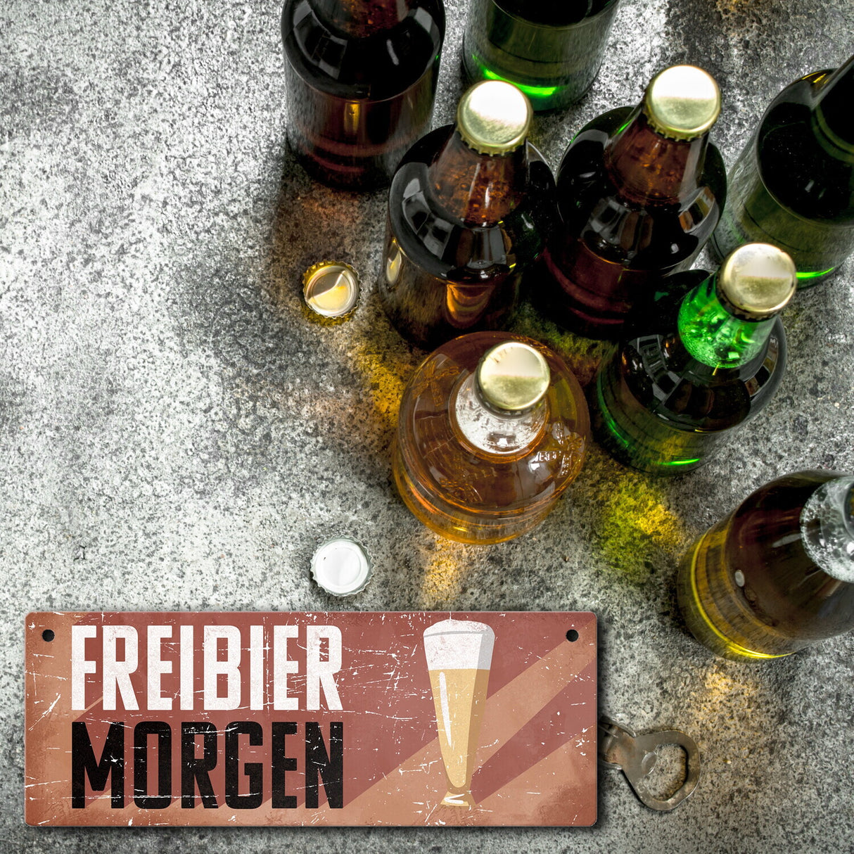 Freibier morgen Metallschild mit Bierglas im Retrolook