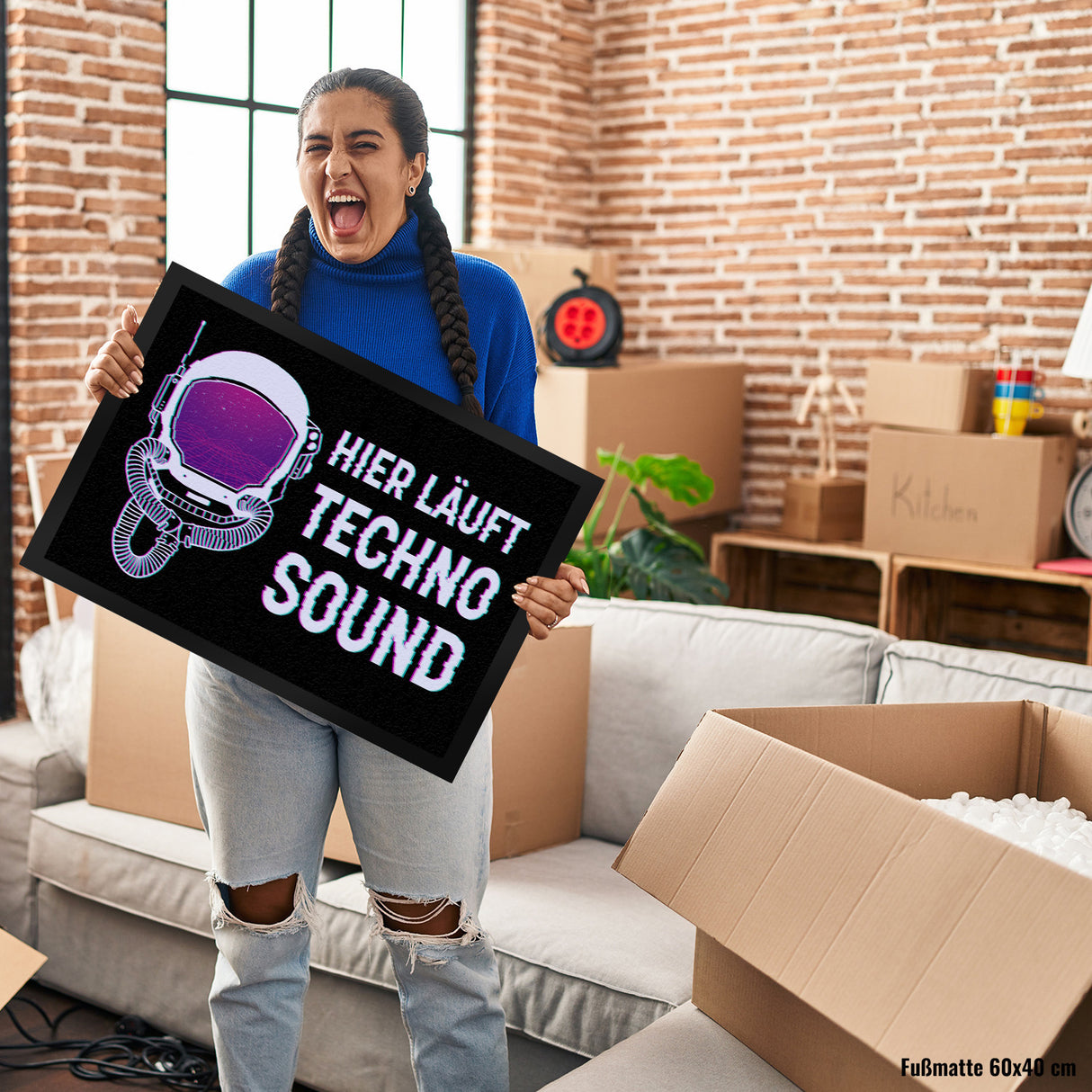 Hier läuft Techno Sound Fußmatte mit Astronautenhelm für Raver