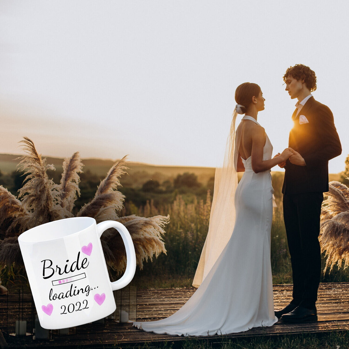 Bride loading Tasse Kaffeetasse 2022 mit rosa Herzen