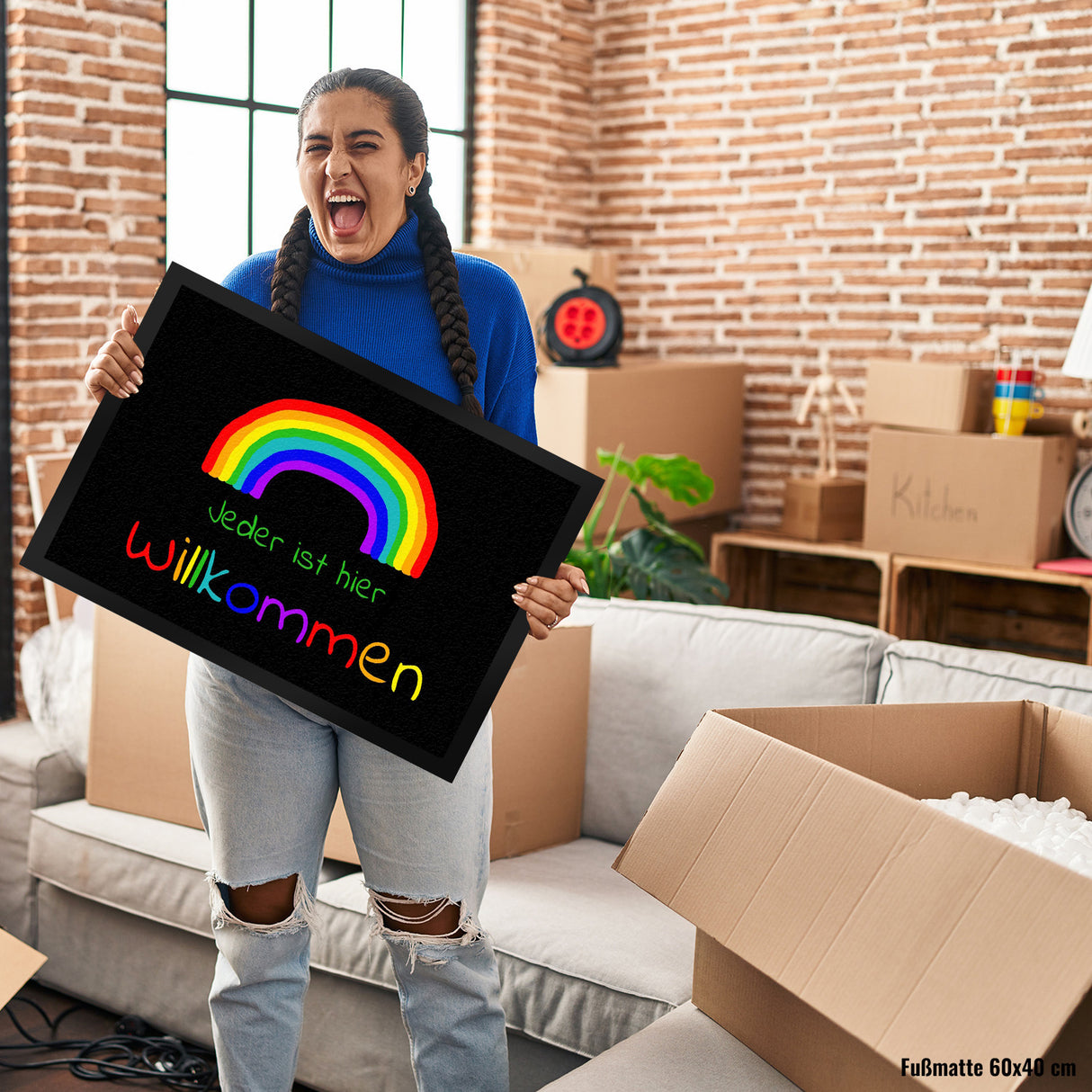 Regenbogen Fußmatte mit Spruch - Jeder ist hier Willkommen LGBTQ