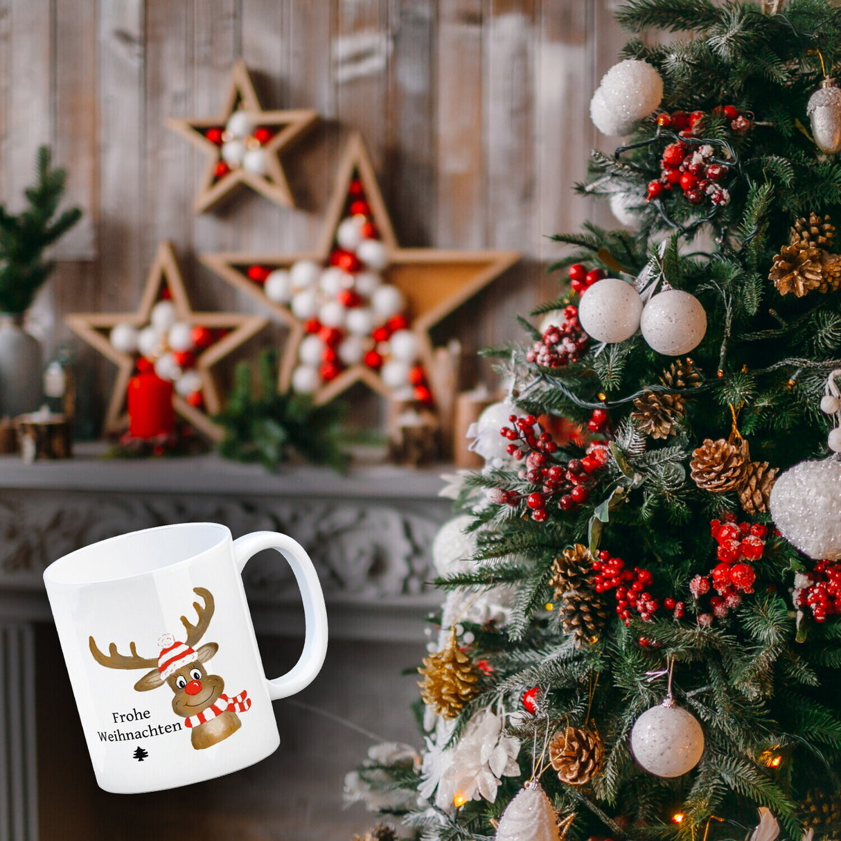 Weihnachten Kaffeebecher mit Rentier und Spruch - Frohe Weihnachten