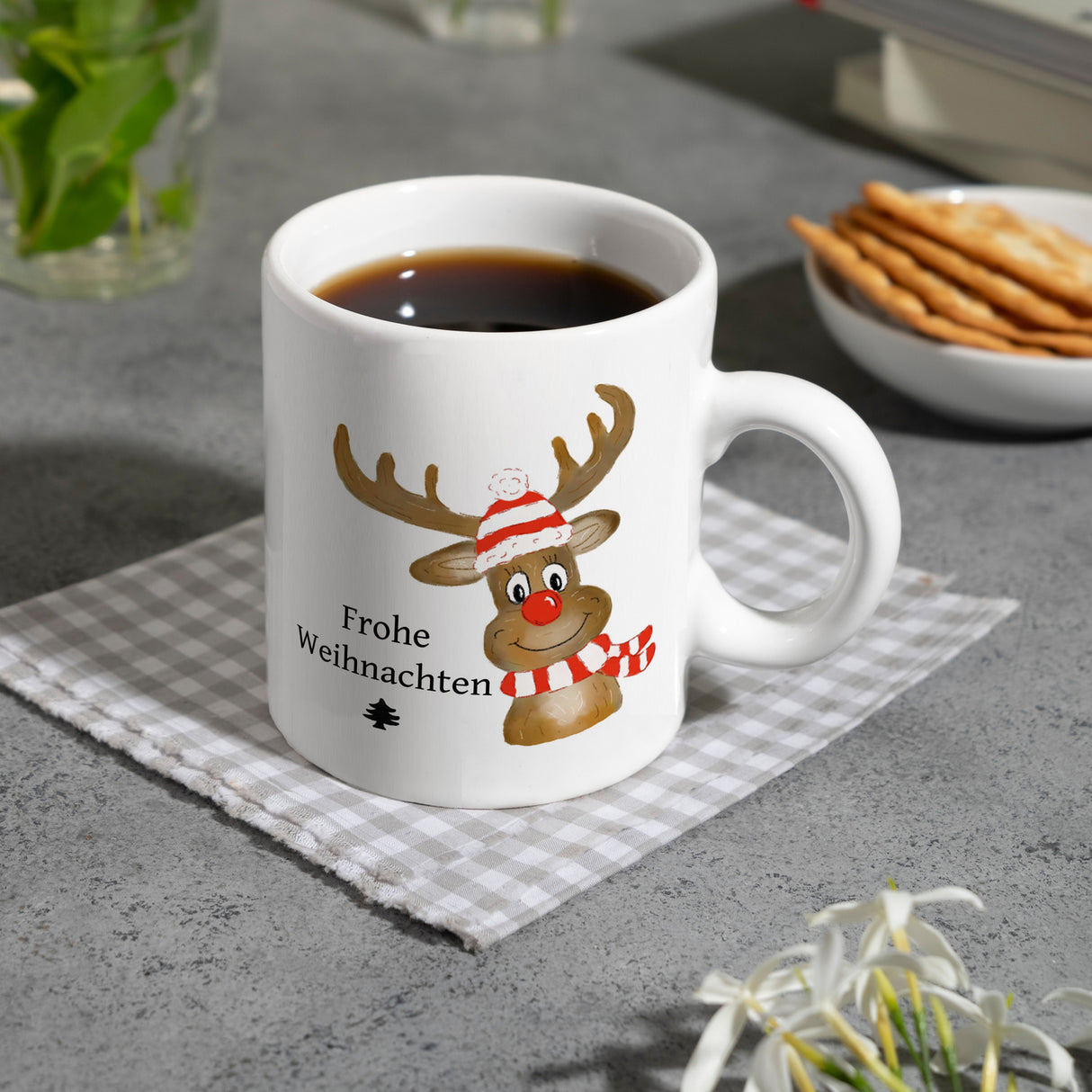 Weihnachten Kaffeebecher mit Rentier und Spruch - Frohe Weihnachten
