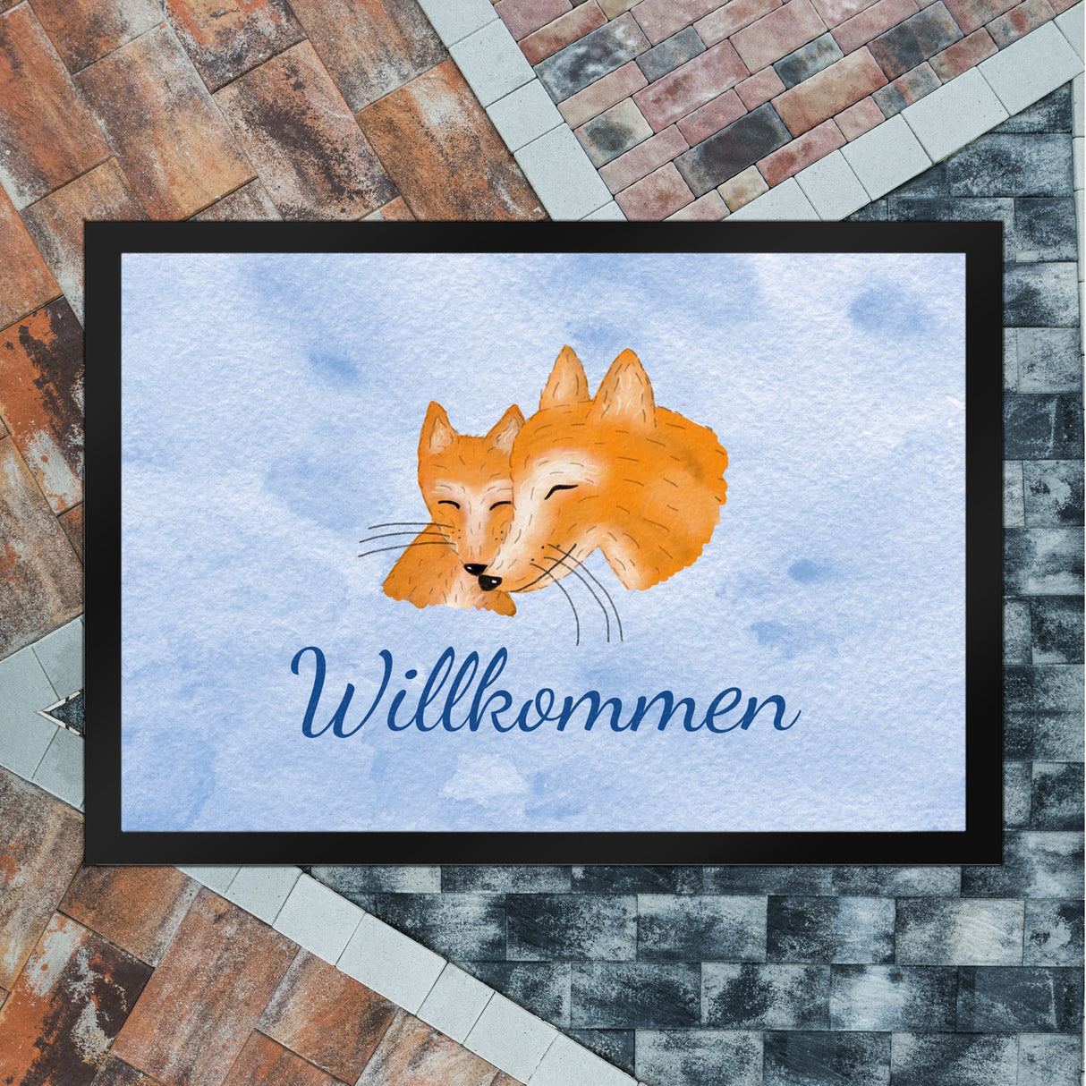 Fuchs mit Fuchsbaby Fußmatte mit Schriftzug - Willkommen