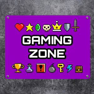 Gaming Zone Metallschild mit Pixel-Items für Zocker in lila