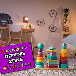 Gaming Zone Metallschild mit Pixel-Items für Zocker in lila