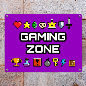 Gaming Zone Metallschild mit Pixel-Items für Zocker in lila