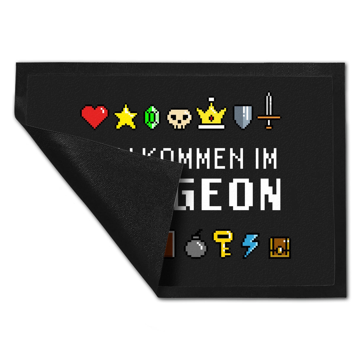 Willkommen im Dungeon Fußmatte für Gamer mit bunten Pixel-Items