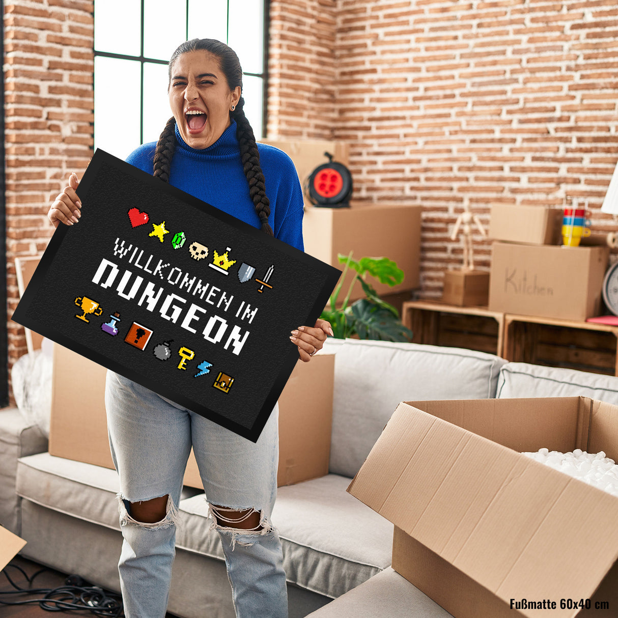 Willkommen im Dungeon Fußmatte für Gamer mit bunten Pixel-Items
