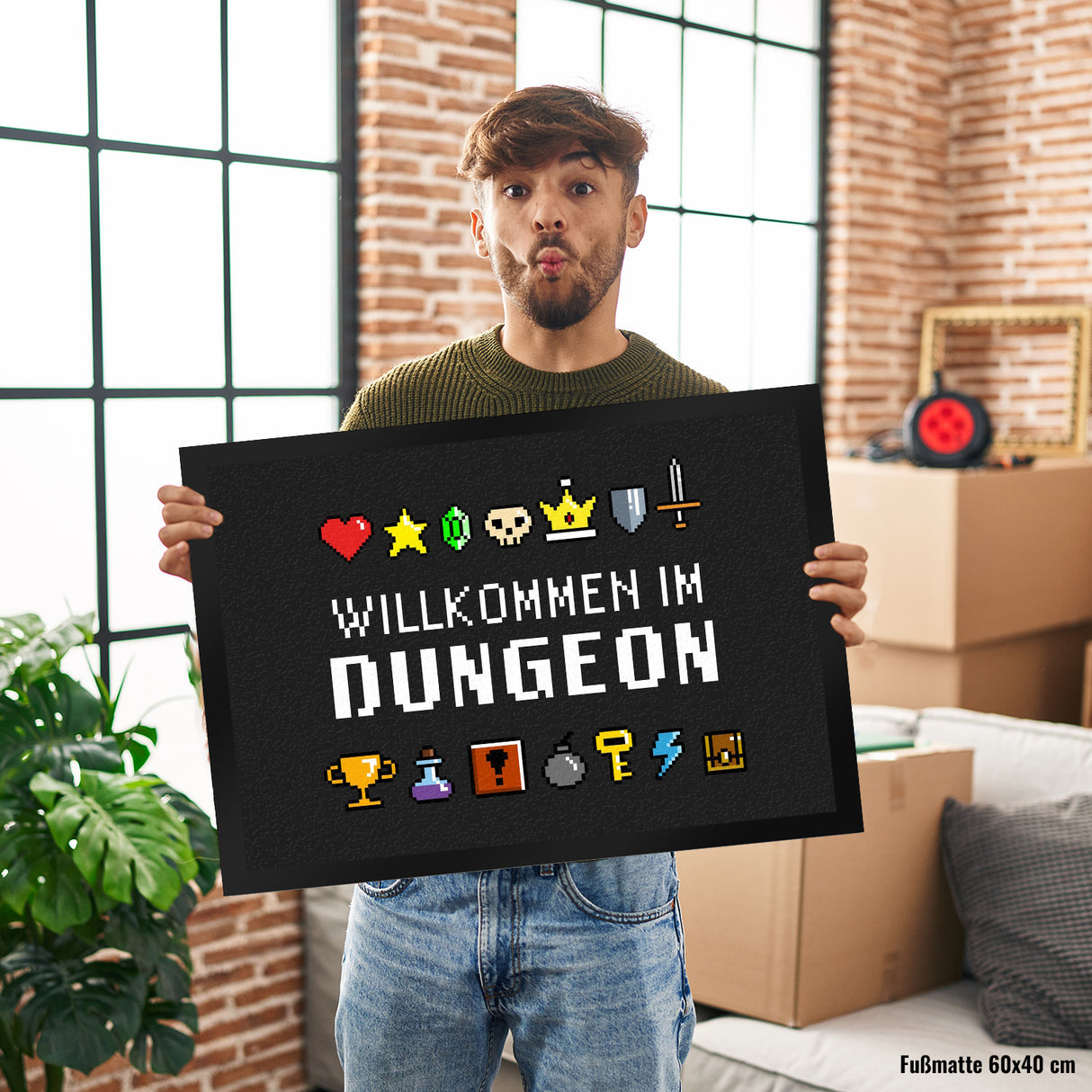 Willkommen im Dungeon Fußmatte für Gamer mit bunten Pixel-Items