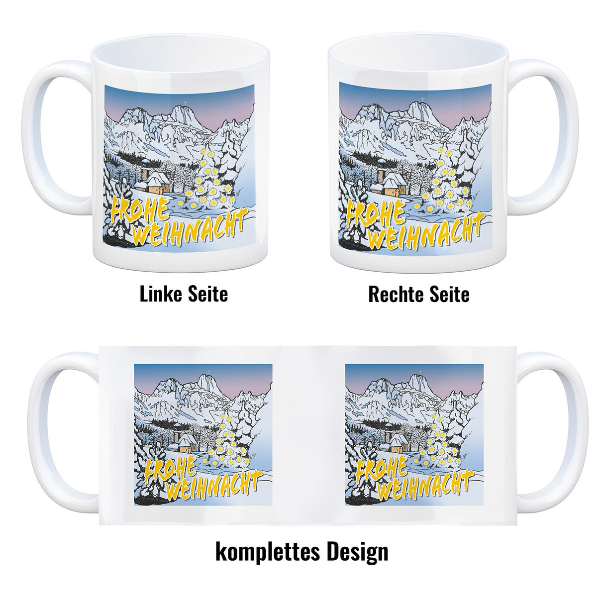 Kaffeebecher zum Thema Weihnachten mit eingeschneiter Landschaft