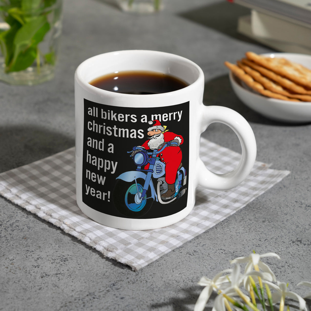 Weihnachten Biker Kaffeebecher mit Weihnachtsmann auf Motorrad