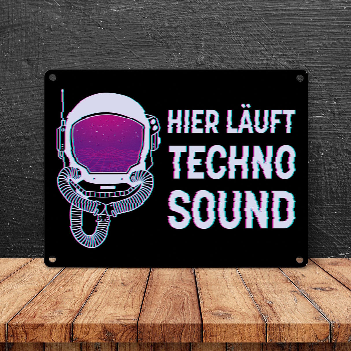 Hier läuft Techno Sound Metallschild mit Astronautenhelm für Raver