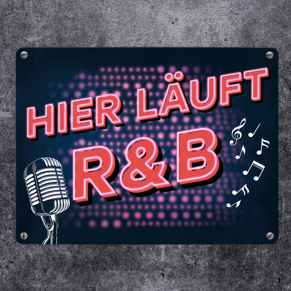 Hier läuft R&B Metallschild mit Mikrofon und Noten im coolen Retro Look