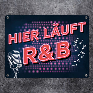 Hier läuft R&B Metallschild mit Mikrofon und Noten im coolen Retro Look