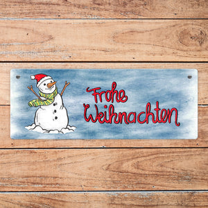 Frohe Weihnachten Metallschild mit Schneemann und blauem Hintergrund