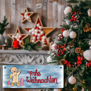 Frohe Weihnachten Metallschild mit Lebkuchenmann und blauem Hintergrund