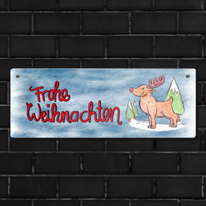 Frohe Weihnachten Metallschild mit Rentier und blauem Hintergrund