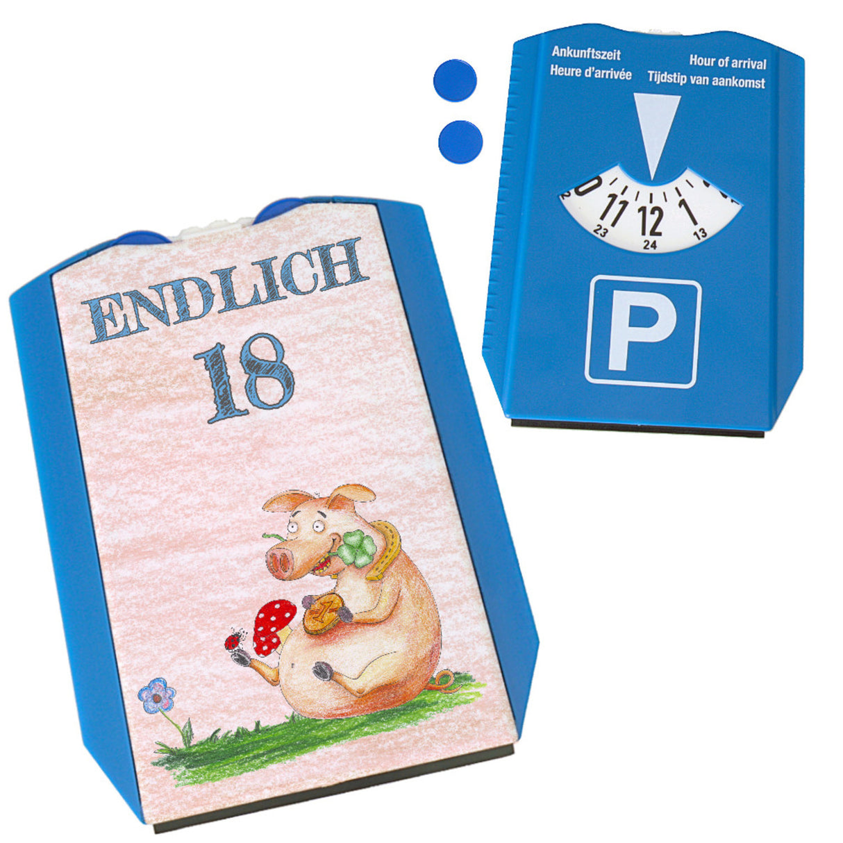 Endlich 18 Parkscheibe mit Glücksschwein