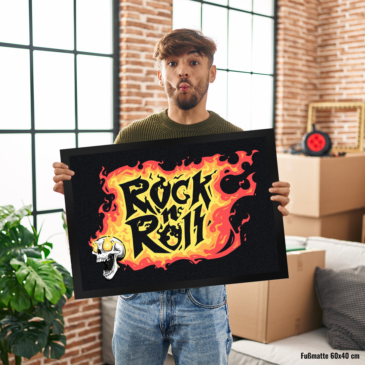 Rock n' Roll Fußmatte mit Flammen und Totenkopf