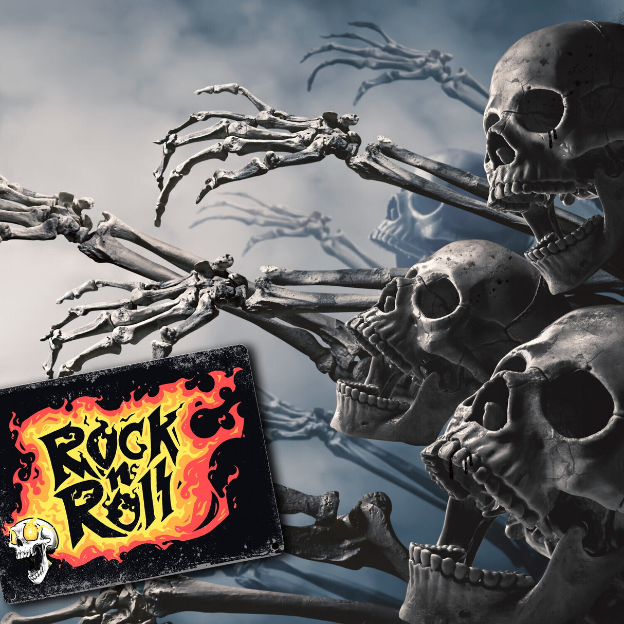Rock n' Roll Metallschild mit Flammen und Totenkopf