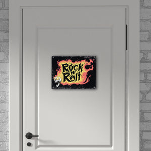 Rock n' Roll Metallschild mit Flammen und Totenkopf