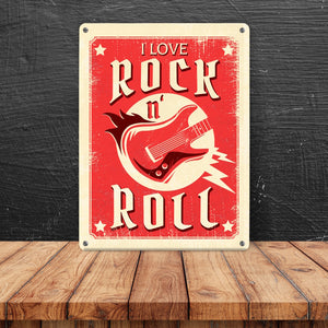 I Love Rock 'n' Roll Metallschild mit Gitarre