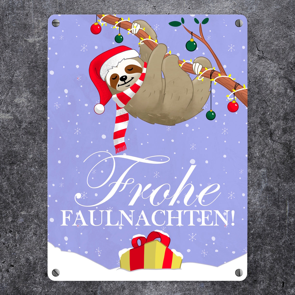Frohe Faulnachten Metallschild mit süßem weihnachtlichem Faultier