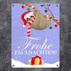 Frohe Faulnachten Metallschild mit süßem weihnachtlichem Faultier