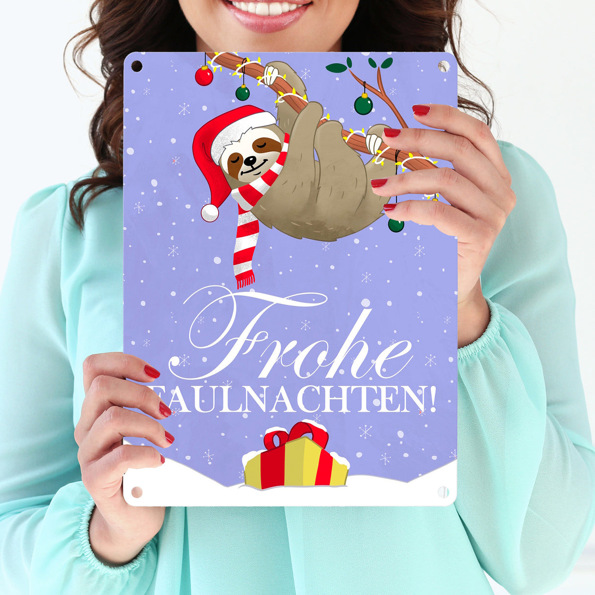 Frohe Faulnachten Metallschild mit süßem weihnachtlichem Faultier