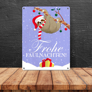 Frohe Faulnachten Metallschild mit süßem weihnachtlichem Faultier