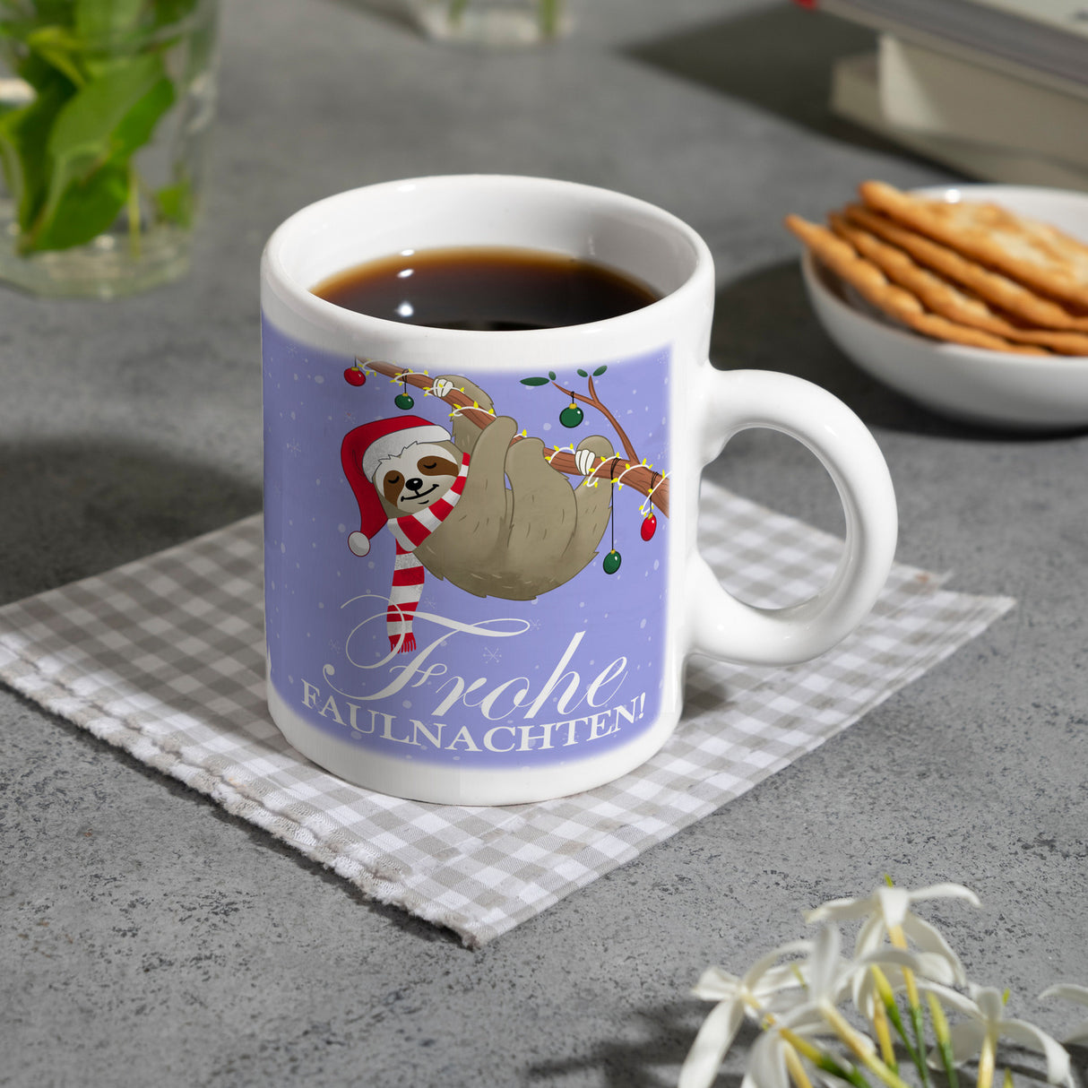 Frohe Faulnachten Kaffeebecher mit süßem weihnachtlichem Faultier
