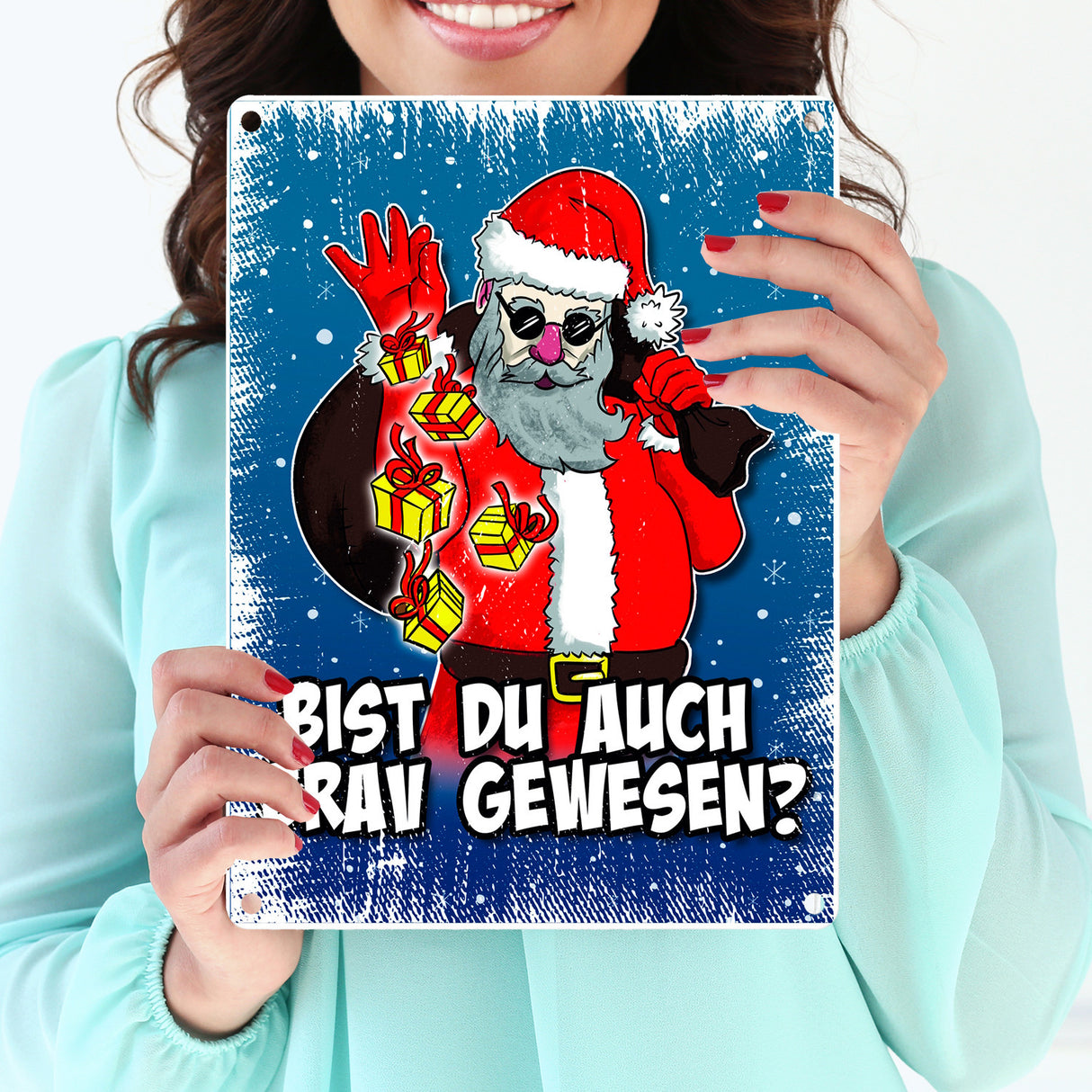 Bist du auch brav gewesen? Metallschild mit coolem Weihnachtsmann