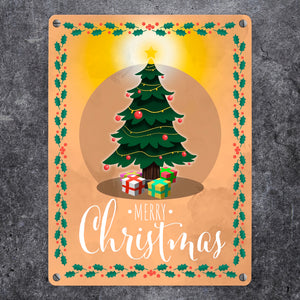 Merry Christmas Metallschild mit andächtigem Weihnachtsbaum