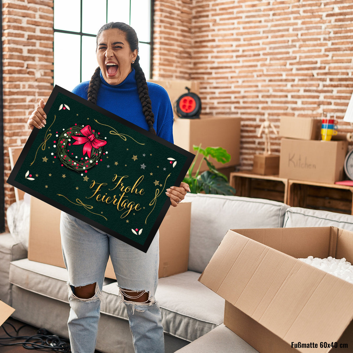 Frohe Feiertage Fußmatte mit weihnachtlichem Kranz