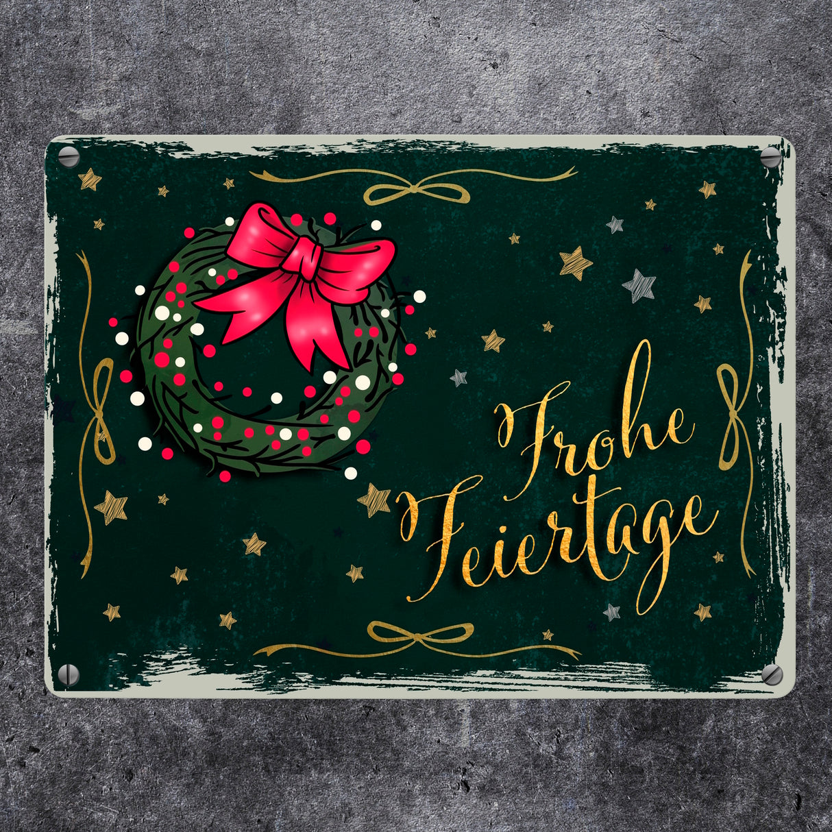 Frohe Feiertage Metallschild mit weihnachtlichem Kranz