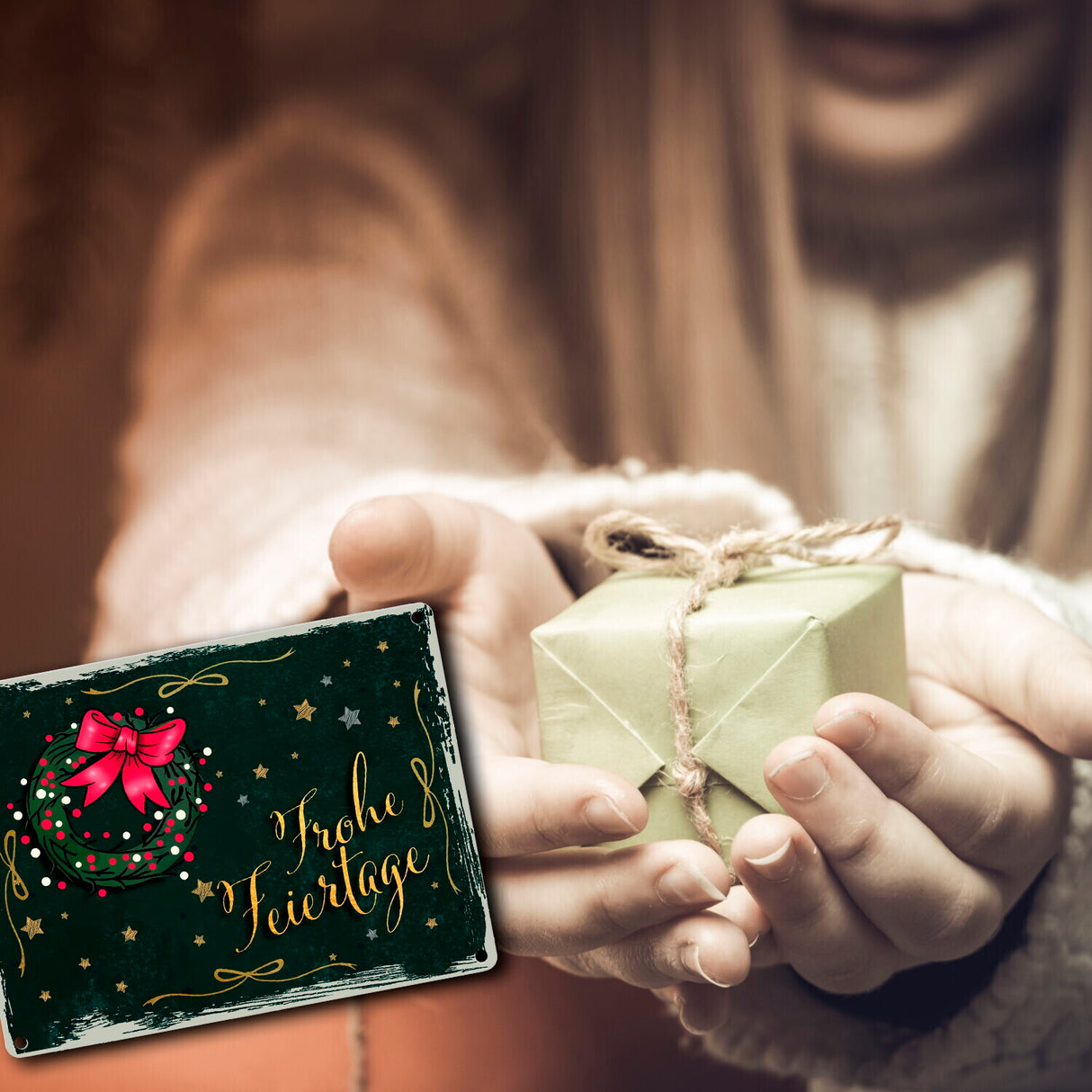 Frohe Feiertage Metallschild mit weihnachtlichem Kranz