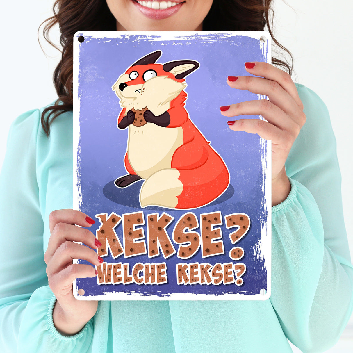 Kekse? Welche Kekse? Metallschild mit lustigem Fuchs