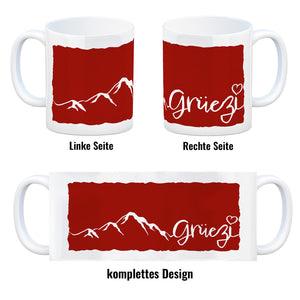 Kaffeebecher mit Grüezi-Schriftzug mit Herz und Bergen