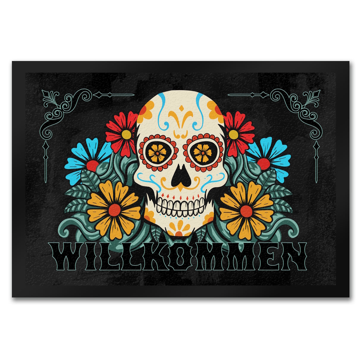 Willkommen Fußmatte mit Totenkopf und Blumenmotiv