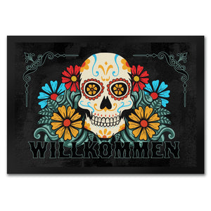 Willkommen Fußmatte mit Totenkopf und Blumenmotiv
