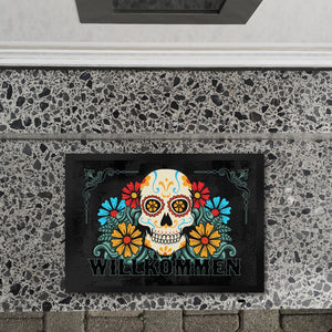 Willkommen Fußmatte mit Totenkopf und Blumenmotiv