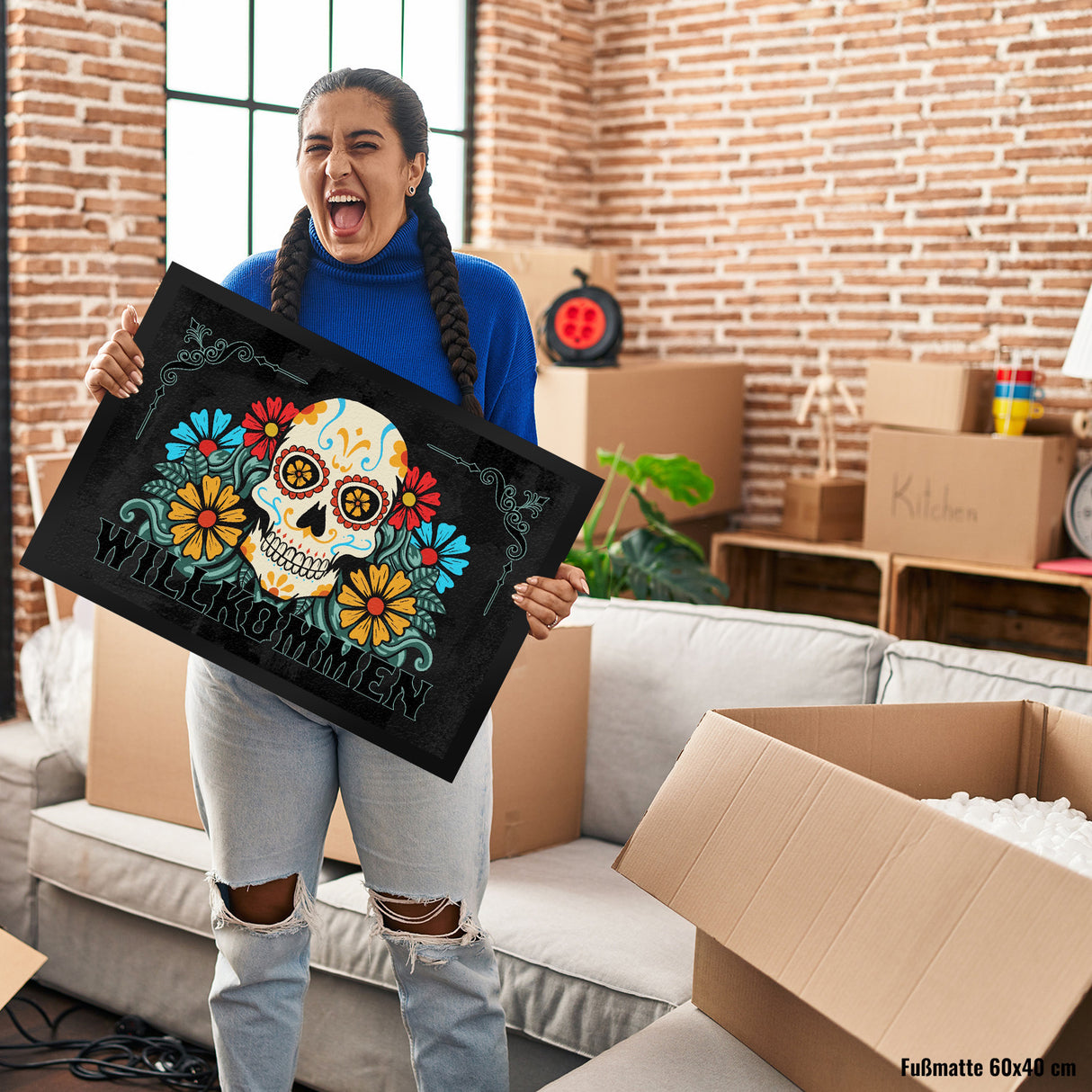 Willkommen Fußmatte mit Totenkopf und Blumenmotiv