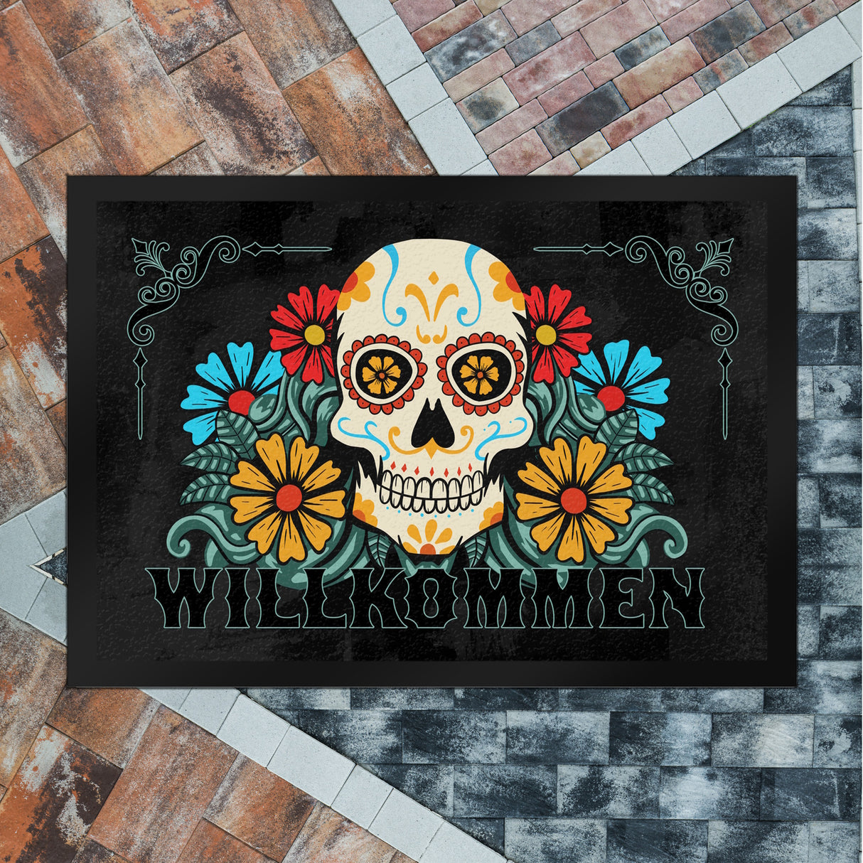Willkommen Fußmatte mit Totenkopf und Blumenmotiv