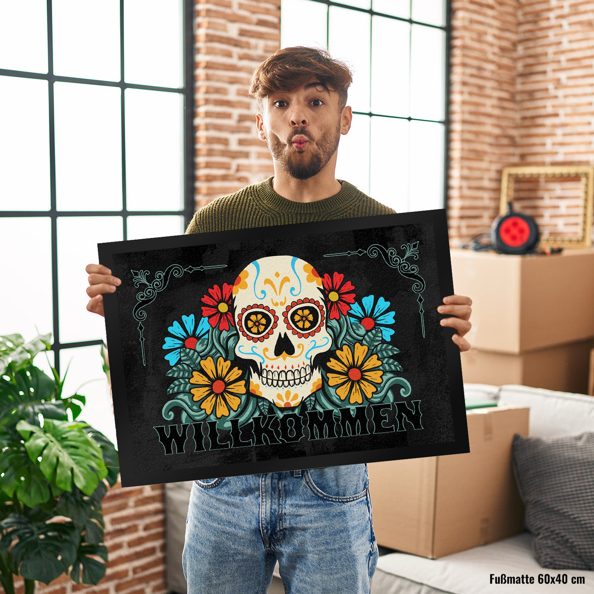Willkommen Fußmatte mit Totenkopf und Blumenmotiv