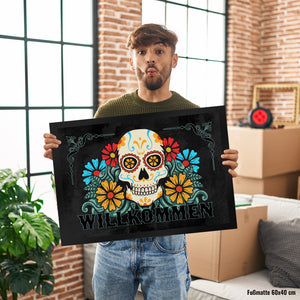 Willkommen Fußmatte mit Totenkopf und Blumenmotiv