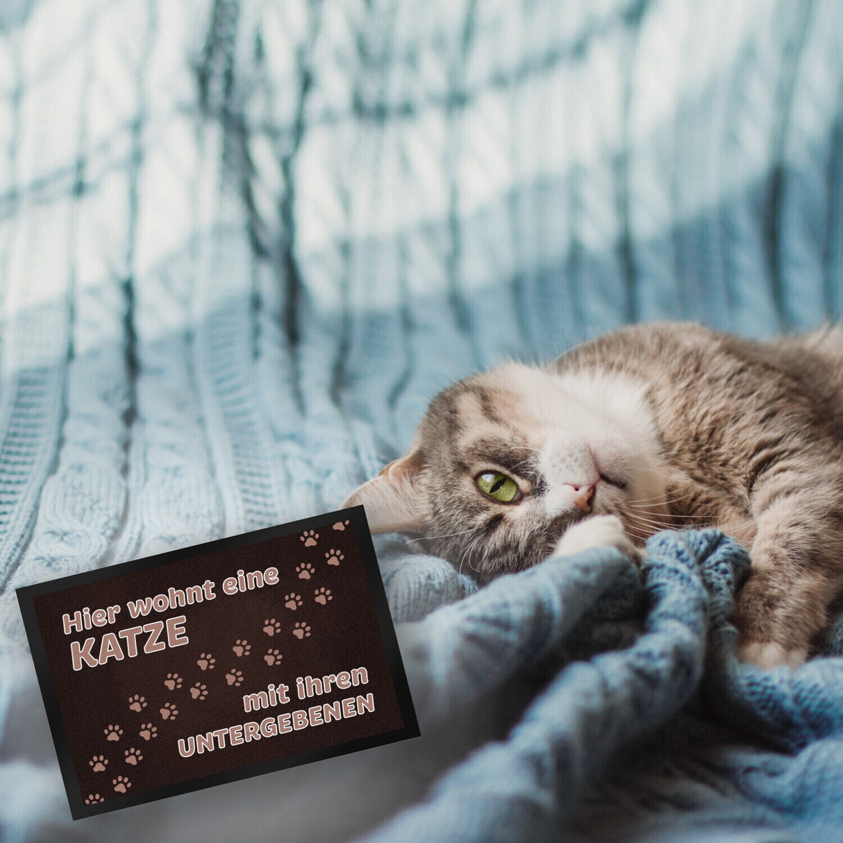 Hier wohnt eine Katze mit ihren Untergebenen Fußmatte mit Pfotenabdrücken