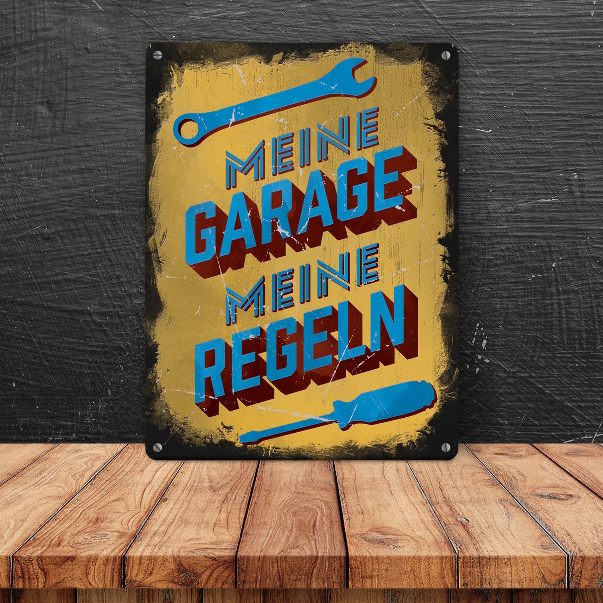 Meine Garage meine Regeln Metallschild im Used-Look