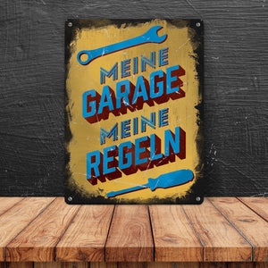 Meine Garage meine Regeln Metallschild im Used-Look