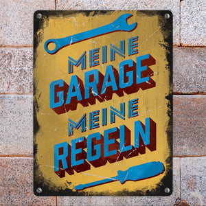 Meine Garage meine Regeln Metallschild im Used-Look