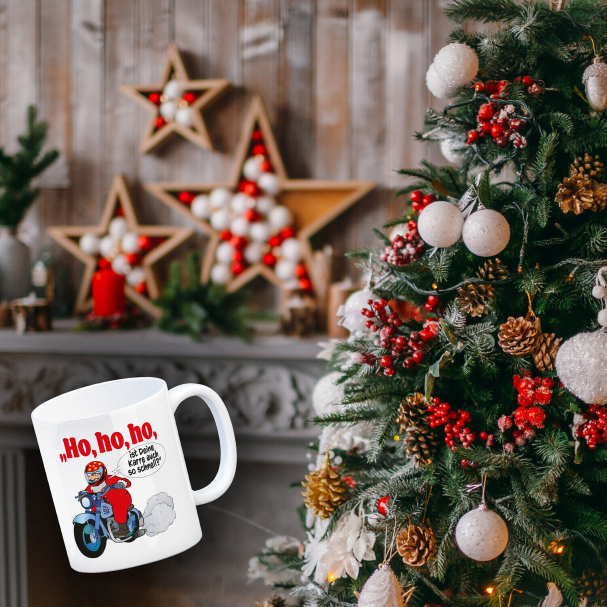 Kaffeebecher zum Thema Weihnachten mit Nikolaus auf dem Motorrad Motiv